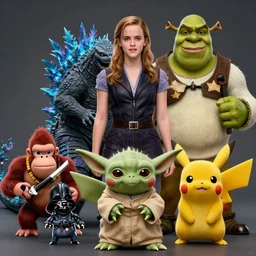 emma watson as godzilla yoda donkey kong pikachu yeti shrek super robot homer groot waluigi darth vader mike wazowski, highly detailed, extremely high quality, hd, 4 k, 8 k, professional photographer, 4 0 mp, lifelike, top - rated, award winning, cinematic, realistic, detailed lighting, detailed shadows, sharp, no blur, edited, corrected, trending