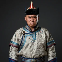 portrait of a mongolian shaman, wearing mongolian costume, 7 0 yo, annoyed look, dark background, studio light, hdr, nikon 2 4 mm f / 1 1 g, by sebastiao salgado