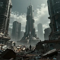 remnants of a once advanced cyberpunk city, cinematic