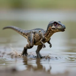 macro photo by national geographic of a tiny muddy dinosaur emerging from a lake, motion blur, tiny gaussian blur, insanely detailed, insanely intricate, depth of field, low contrast, wide aperture, action photography