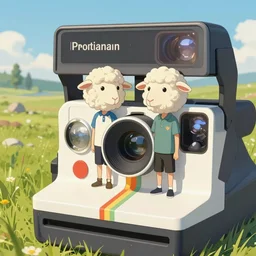 cute men with sheep's head, standed on a polaroid camera, by jonathan chu, artstation, twitter, micro - landscape, comic paint, highly details, 4 k,