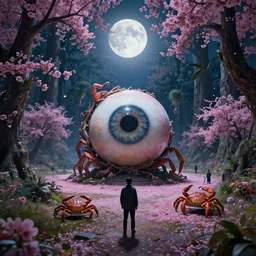 by oka yasutomo and anna dittmann, visually stunning, cinematic, * * ultra realistic, hyper realism, 1 2 k, epic, octane render, unreal engine, vfx, maya, a beautiful 🌸 🌼 💮 * *, centered full body, full moon island nights, a large eyeball in the middle of a park, ancient forest, 🦀👁 stranger in a strange place 👁🦀