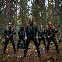 scandinavian metal band playing music in the forest, natural lighting, photography, long shot, high quality, 4 k,