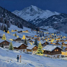 A beautiful landscape painting of a small swiss mountain village in the snow at night with Christmas trees and fairy lights by Alfons Maria Mucha and Julie Dillon and Makoto Shinkai