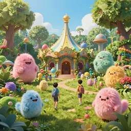 an intricate concept art illustration of an undergrowth amusement park with fluffy creatures, anime style, global illumination, digital art, photorealistic movie still, style ivan talavera and artgerm, hyper realistic, photorealistic, octane render, trending on artstation, cgsociety, cinematic light, 8 k