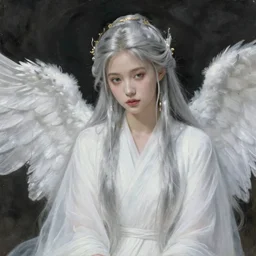 thin young beautiful angel with silver hair so long, pale!, wearing white robes!, wearing silver hair, golden goddess, young adorable korean face, silver hair!!, oil on canvas, style of jean delville, 4 k resolution, aesthetic!,