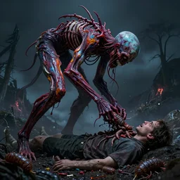 a very colorful and beautiful ( flesh - eating ) padoumpa, eating the leg of a terrified man, standing on top of a mountain of maggots, schizophrenic hallucination, by alexandro judorowski and basia tran, fear, morbid, nightmare, supernatural, 8 k, digital art, highly detailed, chiaroscuro, creepy, terrifying