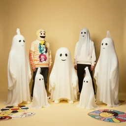 a photoshoot for a new clothing brand named kids see ghosts by adidas, by akihito yoshida, by andy warhol, by hayao myazaki, by takashi murakami, vintage, ultra - wide angle, warm color palette, light mode, 2. 5 - dimensional, 1 6 k, ultra - hd, cloth, rubber