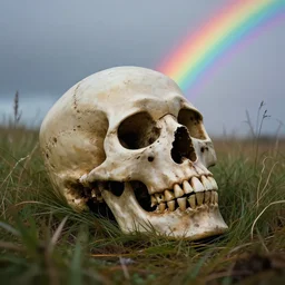 a psychedelic scene of a decaying huge skull resting on the hill surrounded by grasses and colorful rainbow sky. cinematic lighting, atmospheric lighting, overcast, sharp - focus, ultra - detailed, ultra - realistic, overcast. by dan mumford, bruce pennington.