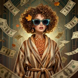 portrait, anthropomorphic lentil, striped bathrobe, curly hair, electric sunglasses, surrounded by floating autumn dollar bills, fantasy, detailed, intricate, luminescent, elegant, coherent, by mandy jurgens, hannah yata and kay sage, donato giancola, detailed, artstation, cinematic lighting, artdeco, art deco outrun aesthetic