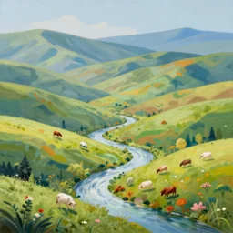 A beautiful painting of a landscape. It is a stylized and colorful view of an idyllic, dreamlike world with rolling hills, peaceful looking animals, and a flowing river. The scene looks like it could be from another planet, or perhaps a fairy tale. harlequin by William Gropper defined