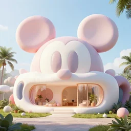 detailed architectural render of a futuristic home with soft inflatable mickey mouse minnie shape surreal sculptures atmosphere inspired by postmodernism hyperreal optimistic hyperdetailed 3 d samaritual 8 k real engine