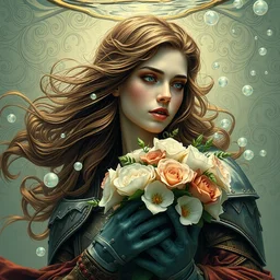 closeup portrait of a beautiful mysterious woman warrior wearing armour, holding a bouquet of flowers, hands disappeared under the bouquet, flowing hair, underwater, bubbles from the mouth, fantasy, regal, intricate, art nouveau, swirly intricate linework background by stanley artgerm lau, greg rutkowski, thomas kinkade, alphonse mucha, loish, norman rockwell