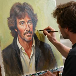 a closeup photorealistic photograph of bob ross editing a canvas painting of kenny powers. film still. brightly lit scene. this 4 k hd image is trending on artstation, featured on behance, well - rendered, extra crisp, features intricate detail, epic composition and the style of unreal engine.