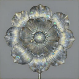 a painting of a metallic flower on a gray background, by Earnst Haeckel and Louis Comfort Tiffany, cloisonnism, high detail, detailed painting, biomorphic, bubbles, opalescent, exotic.