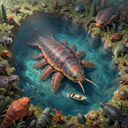 microcosmos creatures rendered larger than life, giant tardigrade swimming underneath a small boat in an ocean, bird's eye perspective, digital art, unreal engine, thomas kinkade