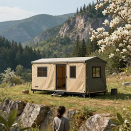 cabela's outdoors popup micro - compact modular home, quick assembly, utilitarian, glamping, airbnb, temporary emergency shelter, person in foreground, cliffside mountainous forested wilderness open fields, beautiful views, photorealistic painterly advertising concept art, sharp focus, joanna gaines, farmhouse, magnolia, architectural photography, unreal engine 5, octane render
