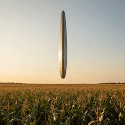wide shot of a tall and thin monolithic spaceship hovering in the air high above a cornfield, late afternoon, golden hour, highly detailed, smooth, sharp focus, concept art by greg rutkowski and ruan jia and stanley lau and syd mead