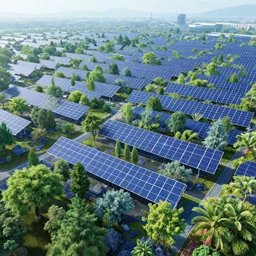 a stunning futuristic landscape, powered by solar, trees everywhere