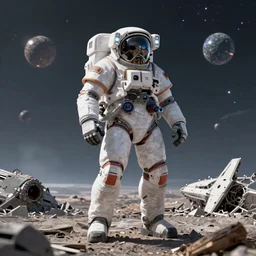 beautiful shot of a mecha astronaut alone on a distant planet with spaceship destroyed, octane render, trending on artstation, hyperrealistic, character photography