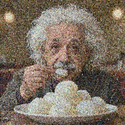 A photo of Albert Einstein eating Rasgulla, highly detailed, trending on artstation, bokeh, 90mm, f/1.4