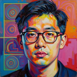 impasto pop - art oil painting portrait of a asian man with glasses, ecstacy, intricate, illumination, fibonacci fractals, rule of thirds, vaporwave, vibrant colours