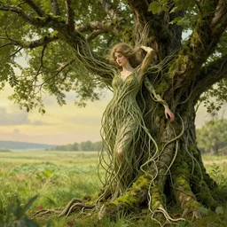 a beautiful woman mutating in to tree covered with thin tendrils and moss, by jean delville, by edmund dulac, by jean giraud, by ellen jewett, landscape photography composition, vivid colors, octane render, redshift render