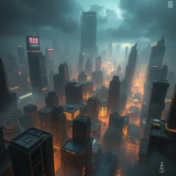 a painting of a cinematic keyframe of a cyberpunk dystopian city, arcane league of legends like seen from above, cenital shot, by greg rutkowski, rule of thirds, golden ratio, ambient lighting, wlop, artgerm, artstation, highly detailed masterpiece, dark fantasy art, high detail, trending on artstation
