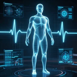speed, technical diagram, human performance, wireframe human, heartbeat, glowing wireframe, future scifi scene, biometric dials and displays in background, high detail, precise lines, angular, vector, biometric sensors, technical diagram