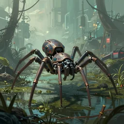 ultra - wide shot of mech spider robot, cyberpunk 2 0 8 8, scene of swamp battleground background, elegant, digital illustration, detailed, intricate, sharp focus, digital painting, deep focus, artstation, art by artgerm and greg rutkowski and alphonse mucha