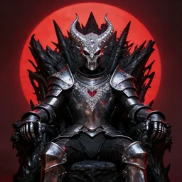 a portrait demon in iron armor with diamonds sits on the black throne of death and looks with red eyes into the darkness against the background of a bright red sun