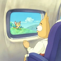 funny airplane charachter watching a screen. moebius, miyazaki, cartoon network