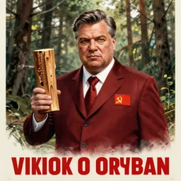 soviet poster of sinister viktor orban, holding a wood piece, forest in background