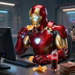 iron man sitting in front of computer and eating chips with coca cola, sci fi concept art, trending on artstation, highly detailed, intricate, sharp focus, digital art, 8 k