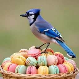 A blue jay standing on a large basket of rainbow macarons.