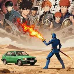 dragon spits fire on a blue knight holding a gold sword, a green hatchback car is nearby, low wide angle, anime, desert landscape, greg rutkowski, Murata, one punch man manga, cinematic, digital art, hyper realistic