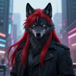 a beautiful portrait of a handsome anthropomorphic humanoid black wolf fursona with long red hair in cyberpunk city. character design by cory loftis fenghua zhong ryohei hase isma