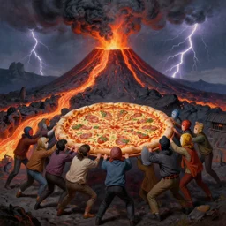 a group of strange masked people struggling and grabbing for a very large pizza!!!, in front of a volcano spewing lava and black smoke, from below, streams of glowing hot lava, flashes of lightning in the distance, wide shot, long shot, an ultrafine detailed painting by joe fenton, deviantart, pop surrealism, whimsical