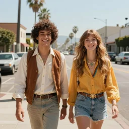 a street in los angeles with 2 happy people in 1 9 7 0. 7 0's color 4 k hippy style