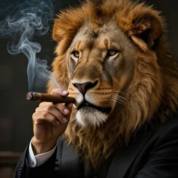 a lion smoking a cigar wearing a suit, subject= lion, subject detail: wearing a suit, subject action: smoking a cigar, dramatic lighting, cinematic lighting, establishing shot, photorealistic, high details, cinematic, 8k resolution, extremly detailed, photorealistic, artstation, unreal engine