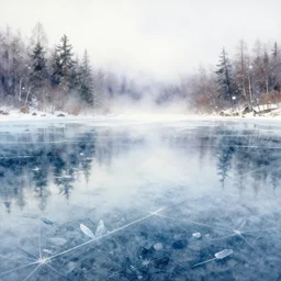 watercolor painting of crystal clear ice lake, reflective, crisp winter, fog and snowing, ambient lighting, art by jesper ejsing, by anders zorn