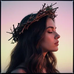 woman's profile, long hair, closed eyes, wearing a twig crown. masterpiece. hq. detailed. moody. gradient pastel color background. cinematic. Ektar 100 film.