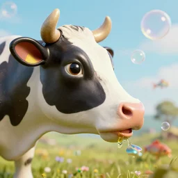 highly detailed closeup, face profile portrait of a retro 1 9 5 0 s tin toy cow chewing cud on pasture, dream bubbles, unreal engine, nicoletta ceccoli, mark ryden, earl norem, lostfish, global illumination, detailed and intricate environment