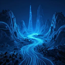 neon blue line fantasy world, hyper realistic, sci-fi, landscape, nature