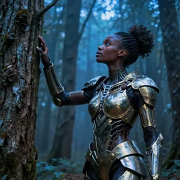 hyperrealistic expressive! black woman with detailed exoskeleton armor, touching tree in a forest, digital art masterpiece brad kunkle hannah yata dramatic blue light low angle hd 8k sharp focus