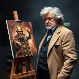tom baker, stands at a his easel, dressed as doctor who, paints portraits of davros, daleks and cyber men, soft focus, long exposure