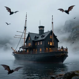A huge haunted house priate ship in a misty fjord surrounded by bats