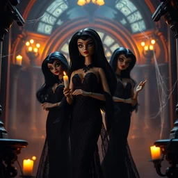 photo of creepy seductive gothic disney whimsical elvira barbie dolls with black hair standing in a ornate haunted mansion at night holding a candle, spider webs, glamour pose, guillermo del toro, hp lovecraft, wes anderson, volumetric lighting, mist, golden hour, ilya kuvshinov, wes craven, greg rutkowski,