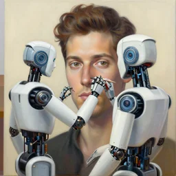 robot artist painting a self - portrait on a canvas. intricate, highly detailed, digital matte painting, in the style of alexandros pyromallis, and in the style of sachin teng, and in the style of hans thoma, and in the style of william andrew loomis. irony, recursion, inspiration.