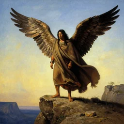 a shaman standing on the edge of a cliff wearing a cape made of wings, by guido crepax